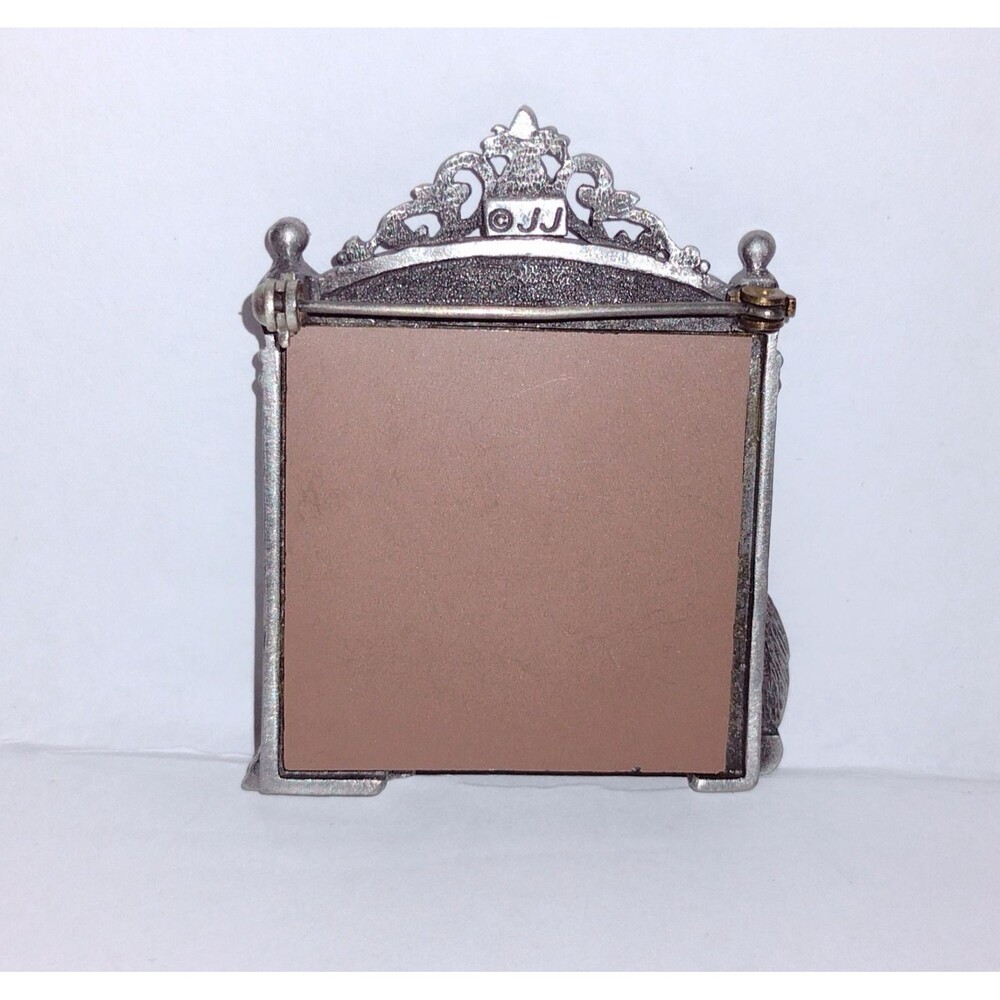 Vintage JJ Jonette Cat Reflection Mirror Frame Pewter Brooch Pin - Picture 4 of 5